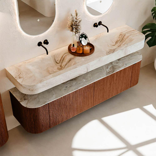 MONDIAZ THOR-DLUX 180cm meuble de salle de bains arrondi gauche + droite couleur Ruby avec 2 tiroirs et 2 portes. Vasque suspendue CLOUD Double sans trou de robinet couleur Frappe.