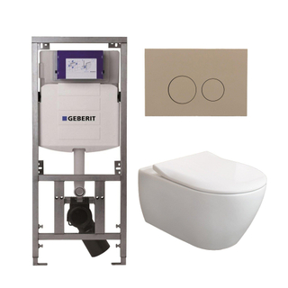 Villeroy & Boch Subway 2.0 DirectFlush CeramicPlus toiletset slimseat zitting met Geberit reservoir en bedieningsplaat taupe met ronde knoppen wit