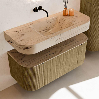 MONDIAZ THOR-DLUX 110cm meuble de salle de bains arrondi gauche + droite couleur Dusk avec 1 tiroir et 2 portes. Vasque suspendue CLOUD Milieu sans trou de robinet couleur Arena.