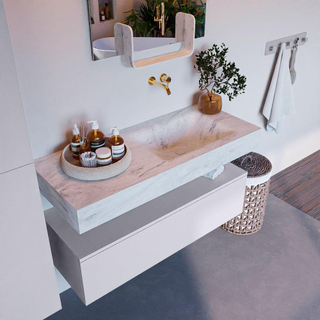 Mondiaz ALAN-DLUX Ensemble de meuble - 110cm - meuble Cale mat - 1 tiroir - Lavabo Cloud Opalo suspendu - vasque Droite - 0 trous de robinet