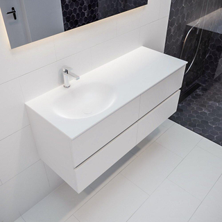 MONDIAZ VICA Ensemble de meuble salle de bain - 120cm - 4 tiroirs - lavabo Moon gauche - 1 trou de robinet - solid surface talc