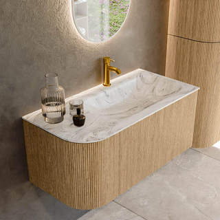 MONDIAZ KURVE-DLUX 95cm Meuble salle de bain avec module 25 G - couleur Oak - 1 tiroir - 1 porte - vasque BIG SMALL droite - 1 trou de robinet - couleur Glace