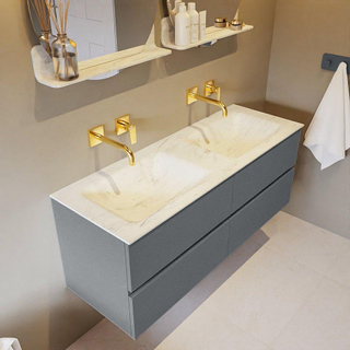 Mondiaz VICA-DLUX ensemble de meuble de salle de bain - 130cm - meuble sous-vasque plata - 4 tiroirs - lavabo encastrée cloud double - sans trous de robinet - version haute de 60cm - opalo