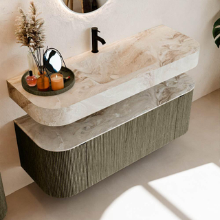 MONDIAZ THOR-DLUX 130cm meuble de salle de bains arrondi gauche + droite couleur Shadow avec 1 tiroir et 2 portes. Vasque suspendue CLOUD Milieu 1 trou de robinet couleur Frappe.