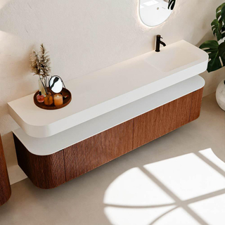 MONDIAZ THOR 200cm meuble de salle de bains arrondi gauche + droite couleur Ruby avec 2 tiroirs et 2 portes. Vasque suspendue CLOUD Droite 1 trou de robinet couleur Talc.