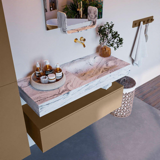 Mondiaz ALAN-DLUX Ensemble de meuble - 110cm - meuble Oro mat - 1 tiroir - Lavabo Cloud Glace suspendu - vasque Droite - 0 trous de robinet