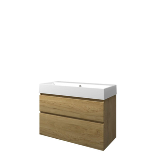 Proline Loft badkamermeubelset - 100x46x70cm - porselein Loft wastafel - 0 kraangaten - a symmetrisch - MFC Ideal oak/Glans wit