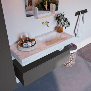 Mondiaz ALAN-DLUX Ensemble de meuble - 110cm - meuble Dark grey mat - 1 tiroir - Lavabo Cloud Opalo suspendu - vasque Droite - 0 trous de robinet