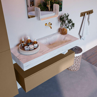 Mondiaz ALAN-DLUX Ensemble de meuble - 110cm - meuble Oro mat - 1 tiroir - Lavabo Cloud Opalo suspendu - vasque Droite - 0 trous de robinet