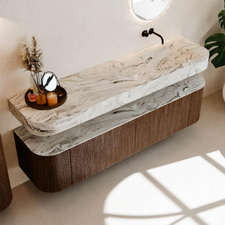 MONDIAZ THOR-DLUX 180cm meuble de salle de bains arrondi gauche + droite couleur Walnut avec 2 tiroirs et 2 portes. Vasque suspendue CLOUD Droite sans trou de robinet couleur Glace.