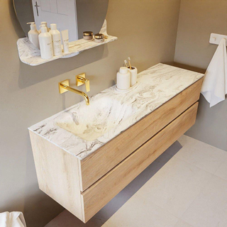 Mondiaz VICA-DLUX ensemble de meuble de salle de bain - 150cm - meuble sous-vasque chêne blanchi - 2 tiroirs - lavabo encastré cloud gauche - sans trous de robinet - version haute de 60cm - glace