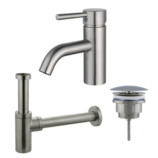 FugaFlow Eccelente Sobrado Kit mitigeur lavabo - robinet bas - bonde nonobturable - siphon design - PVD Inox brossé