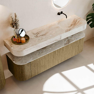 MONDIAZ THOR-DLUX 170cm meuble de salle de bains arrondi gauche + droite couleur Dusk avec 1 tiroir et 2 portes. Vasque suspendue CLOUD Droite sans trou de robinet couleur Frappe.