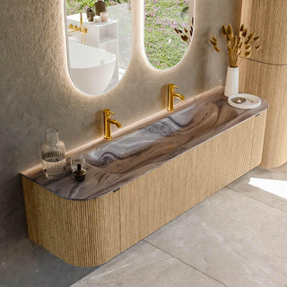 MONDIAZ KURVE-DLUX 170cm badmeubel ronding Links + Rechts kleur Oak met 1 lade en 2 deuren. Wastafel BIG LARGE Midden 2 kraangaten Sombra.