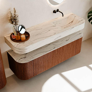 MONDIAZ THOR-DLUX 150cm meuble de salle de bains arrondi gauche + droite couleur Ruby avec 1 tiroir et 2 portes. Vasque suspendue CLOUD droite sans trou de robinet couleur Nata.