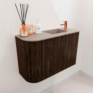 Mondiaz JOYA-DLUX 61.6cm toiletmeubel - ronding links kleur Walnut - Wastafel FAYE positie Rechts 1 kraangat kleur Saba.