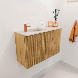 Mondiaz JOYA-DLUX 71.6cm toiletmeubel - ronding rechts kleur Oak - Wastafel FAYE positie Links 1 kraangat kleur Nata.