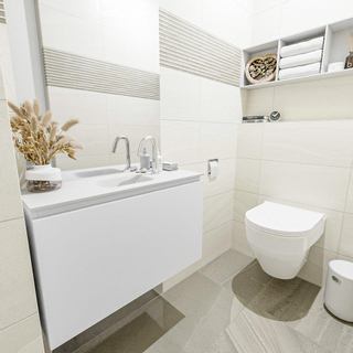 MONDIAZ OLAN Kit lave-mains - 80x30x40cm - 1 trou de robinet - 1 tiroir - talc mat - lavabo centré - Solid Surface Blanc