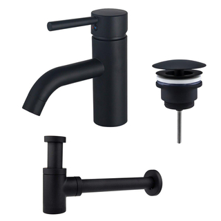 FortiFura Calvi Kit mitigeur lavabo - robinet bas - bonde non-obturable - siphon design bas - Noir mat
