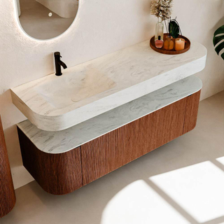 MONDIAZ THOR-DLUX 150cm meuble de salle de bains arrondi gauche + droite couleur Ruby avec 1 tiroir et 2 portes. Vasque suspendue CLOUD Gauche 1 trou de robinet couleur Opalo.