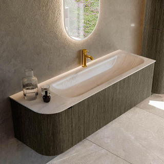 MONDIAZ KURVE-DLUX 145cm badmeubel ronding Links kleur Shadow met 1 lade en 1 deur. Wastafel BIG LARGE Rechts 1 kraangat Meli.