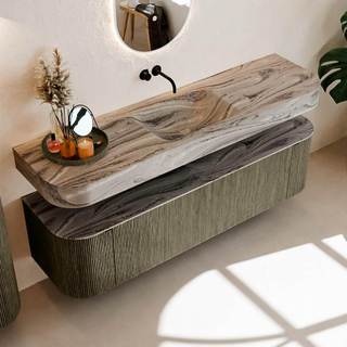 MONDIAZ THOR-DLUX Meuble de salle de bains 170cm arrondi gauche + droite couleur Shadow avec 1 tiroir et 2 portes. Vasque suspendue CLOUD Milieu sans trou de robinet couleur Sombra.