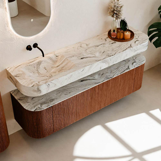 MONDIAZ THOR-DLUX Meuble de salle de bains 170cm arrondi gauche + droite couleur Ruby avec 1 tiroir et 2 portes. Vasque suspendue CLOUD Gauche sans trou de robinet couleur Glace.