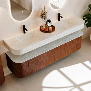 MONDIAZ THOR-DLUX 180cm meuble de salle de bains arrondi gauche + droite couleur Ruby avec 2 tiroirs et 2 portes. Vasque suspendue CLOUD Double 2 trous de robinet couleur Opalo.