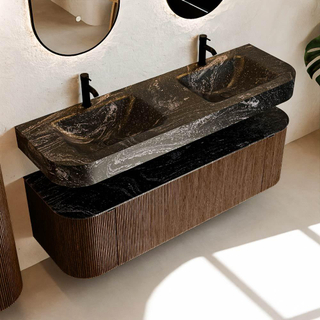 MONDIAZ THOR-DLUX 150cm meuble de salle de bains arrondi gauche + droite couleur Walnut avec 1 tiroir et 2 portes. Vasque suspendue CLOUD Double 2 trous de robinet couleur Lava.