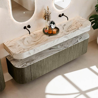 MONDIAZ THOR-DLUX 180cm meuble de salle de bains arrondi gauche + droite couleur Shadow avec 2 tiroirs et 2 portes. Vasque suspendue CLOUD Double sans trou de robinet couleur Glace.