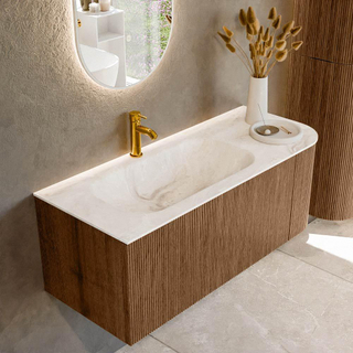 MONDIAZ KURVE-DLUX 115cm Meuble salle de bain avec module 25 D - couleur Walnut - 1 tiroir - 1 porte - vasque BIG SMALL gauche - 1 trou de robinet - couleur Frappe