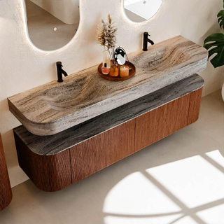 MONDIAZ THOR-DLUX 180cm meuble de salle de bains arrondi gauche + droite couleur Ruby avec 2 tiroirs et 2 portes. Vasque suspendue CLOUD Double 2 trous de robinet couleur Oza.