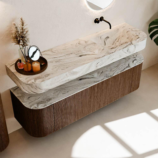 MONDIAZ THOR-DLUX 160cm meuble de salle de bains arrondi gauche + droite couleur Walnut avec 1 tiroir et 2 portes. Vasque suspendue CLOUD Droite sans trou de robinet couleur Glace.