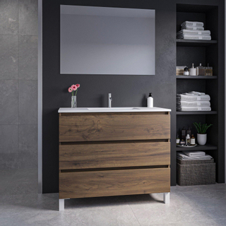 Adema Chaci PLUS Ensemble de meuble - 99.5x86x45.9cm - 1 vasque rectangulaire en céramique Blanc - 1 trou de robinet - 3 tiroirs - miroir rectangulaire - Noyer (bois)