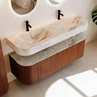 MONDIAZ THOR-DLUX Meuble de salle de bains 140cm arrondi gauche + droite couleur Ruby avec 1 tiroir et 2 portes. Vasque suspendue CLOUD Double 2 trous de robinet couleur Frappe.