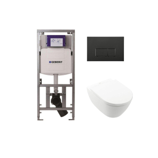 Villeroy & Boch Subway 2.0 WC suspendu - 56cm - avec réservoir encastré Geberit UP320 - avec abattant Saniclass - plaque de commande QeramiQ Push - boutons rectangulaires - noir mat