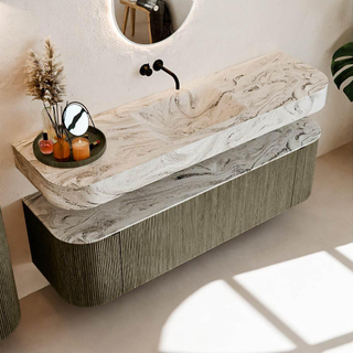 MONDIAZ THOR-DLUX 160cm meuble de salle de bains arrondi gauche + droite couleur Shadow avec 1 tiroir et 2 portes. Vasque suspendue CLOUD Milieu sans trou de robinet couleur Glace.