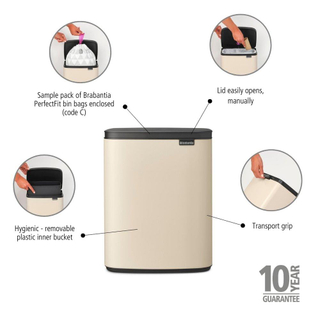 Brabantia Bo Poubelle - 12 litres - seau intérieur en plastique - beige doux