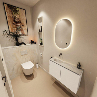 MONDIAZ TURE-DLUX Meuble toilette - 80cm - Talc - EDEN - vasque Ostra - position gauche - sans trou de robinet