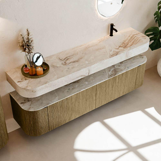 MONDIAZ THOR-DLUX 190cm meuble de salle de bains arrondi gauche + droite couleur Dusk avec 2 tiroirs et 2 portes. Vasque suspendue CLOUD Droite 1 trou de robinet couleur Frappe.