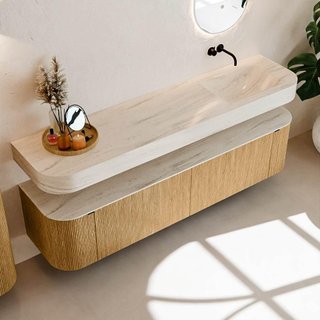 MONDIAZ THOR-DLUX Meuble de salle de bains 190cm arrondi gauche + droite couleur Oak avec 2 tiroirs et 2 portes. Vasque suspendue CLOUD Droite sans trou de robinet couleur Meli.