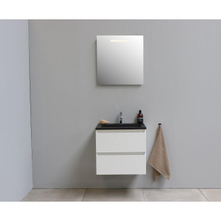 Basic Bella Badkamermeubelset - 60x55x46cm - 1 wasbak - Acryl - Zwart - 1 kraangat - Wandspiegel met verlichting - Spaanplaat Wit hoogglans