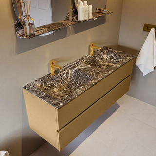 Mondiaz VICA-DLUX ensemble de meuble de salle de bain - 130cm - meuble sous-vasque oro - 2 tiroirs - lavabo encastrée cloud double - 2 trous de robinet - version haute de 60cm - lave