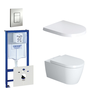 Duravit ME by Starck Pack WC avec réservoir encastrable, cuvette murale compact à fond creux avec abattant frein de chute et plaque de commande vertical/horizontal chrome mat