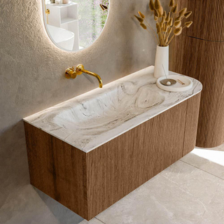 MONDIAZ KURVE-DLUX 105cm Meuble salle de bain avec module 25 D - couleur Walnut - 1 tiroir - 1 porte - vasque BIG SMALL gauche - sans trou de robinet - couleur Glace