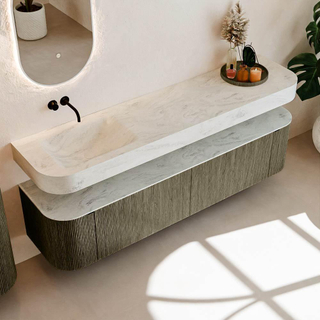 MONDIAZ THOR-DLUX Meuble de salle de bains 190cm arrondi gauche + droite couleur Shadow avec 2 tiroirs et 2 portes. Vasque suspendue CLOUD Gauche sans trou de robinet couleur Opalo.