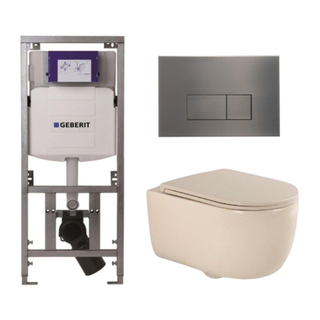 QeramiQ Dely Swirl Toiletset - 36.3x51.7cm - Geberit UP320 Burda inbouwreservoir - slim zitting - gunmetal bedieningsplaat - rechthoekige knoppen - beige