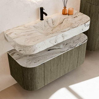 MONDIAZ THOR-DLUX Meuble de salle de bains 110cm arrondi gauche + droite couleur Shadow avec 1 tiroir et 2 portes. Vasque suspendue CLOUD Milieu 1 trou de robinet couleur Glace.