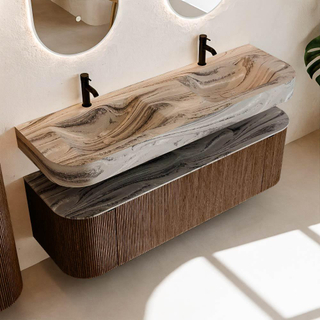 MONDIAZ THOR-DLUX 150cm meuble de salle de bains arrondi gauche + droite couleur Walnut avec 1 tiroir et 2 portes. Vasque suspendue CLOUD Double 2 trous de robinet couleur Sombra.