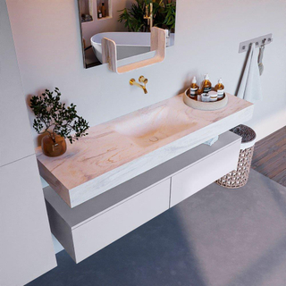 Mondiaz ALAN-DLUX Ensemble de meuble - 150cm - meuble Cale mat - 2 tiroirs - Lavabo Cloud Ostra suspendu - vasque Centre - 0 trous de robinet